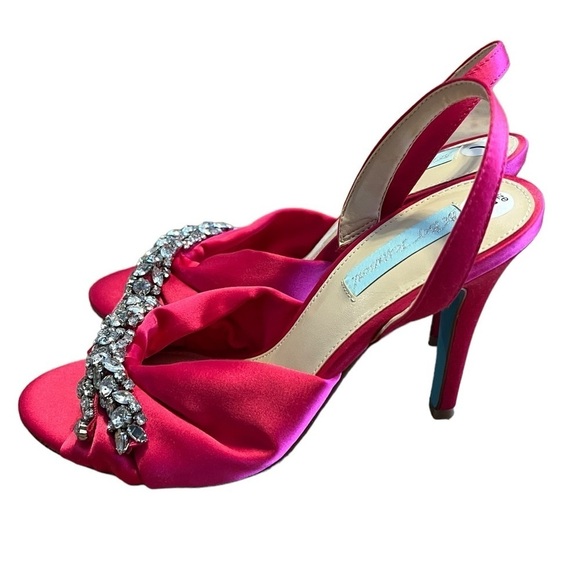 Betsey Johnson Briel pink satin and rhinestone bow peep toe sling back heels - Picture 2 of 10